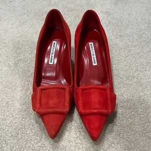 Manolo Blahnik Maysale Buckle Pointed Toe Pump Red Suede